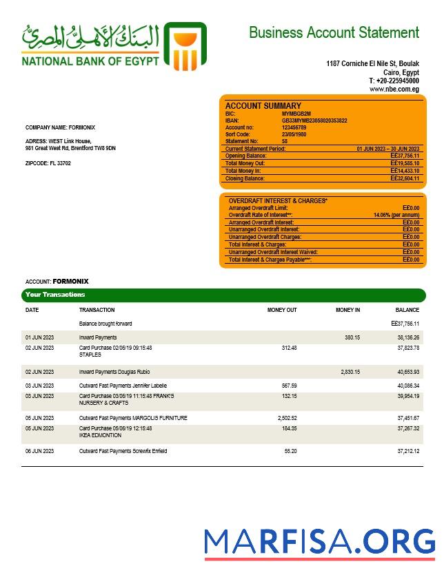Downloadable National Bank of Egypt company account statement Word and PDF template